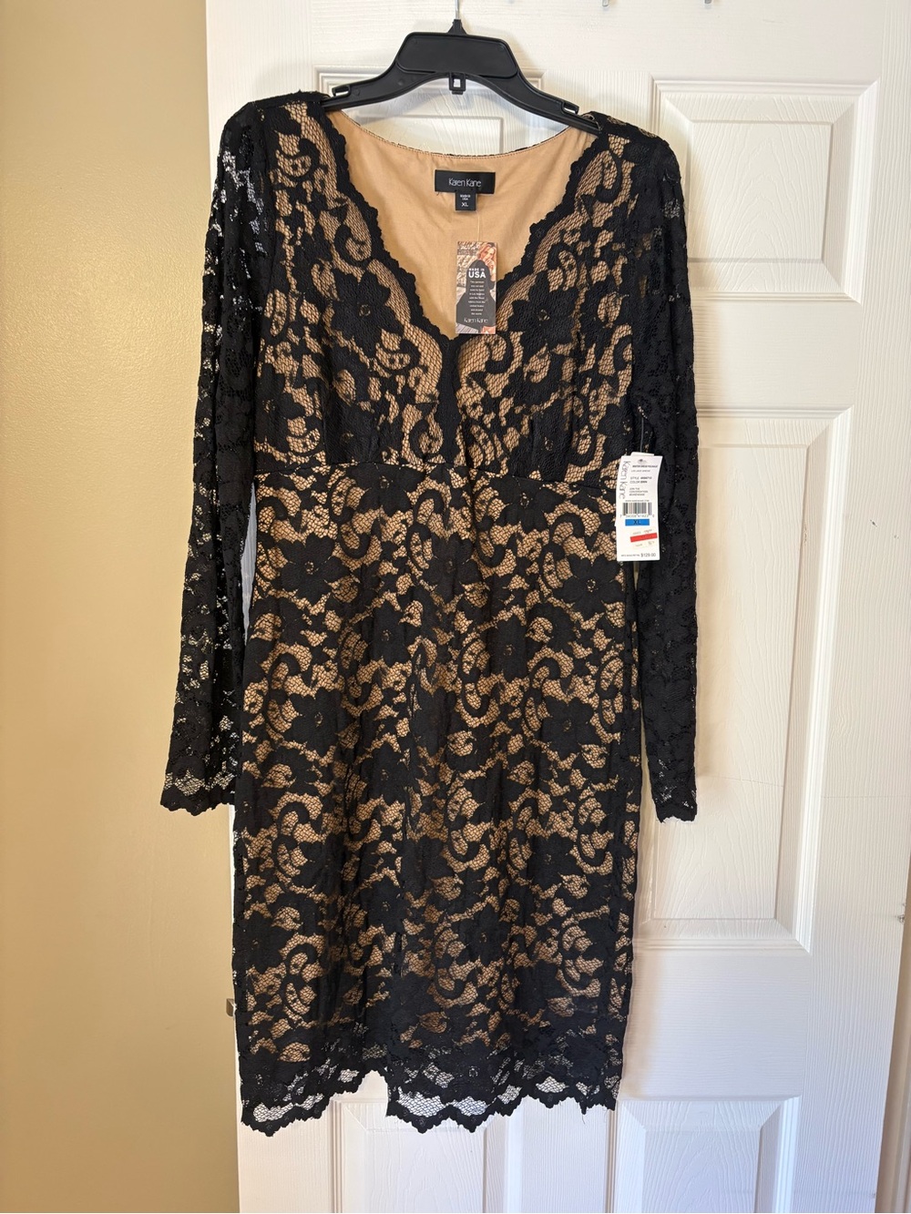 Karen Kane Black Lace Long Sleeve Sheath Dress with Nude Slip